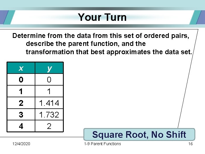 Your Turn Determine from the data from this set of ordered pairs, describe the