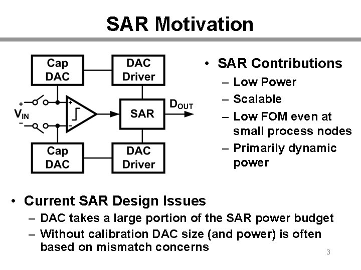 SAR Motivation • SAR Contributions – Low Power – Scalable – Low FOM even