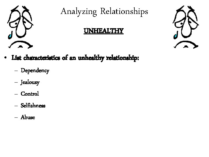 Analyzing Relationships UNHEALTHY • List characteristics of an unhealthy relationship: – – – Dependency