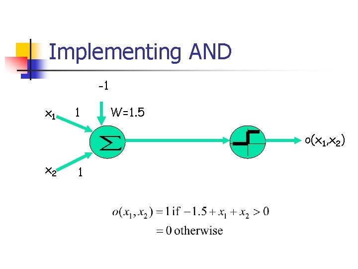 Implementing AND -1 x 1 1 W=1. 5 o(x 1, x 2) x 2