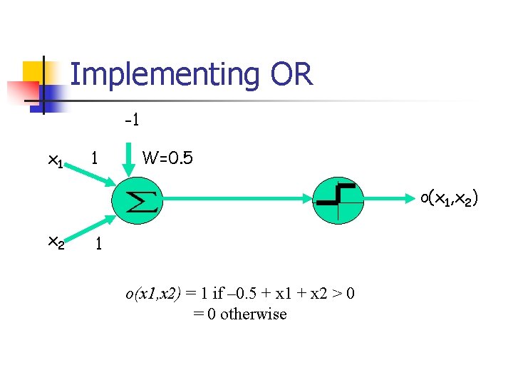 Implementing OR -1 x 1 1 W=0. 5 o(x 1, x 2) x 2