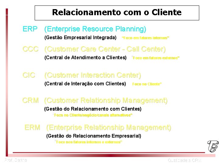 Relacionamento com o Cliente ERP (Enterprise Resource Planning) (Gestão Empresarial Integrada) “Foco em fatores