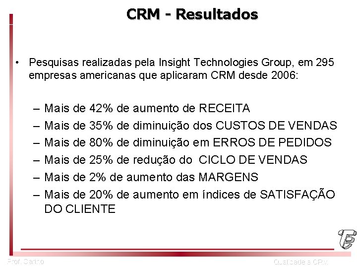 CRM - Resultados • Pesquisas realizadas pela Insight Technologies Group, em 295 empresas americanas