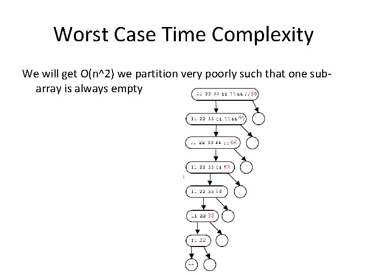 Worst Case Time Complexity We will get O(n^2) we partition very poorly such that