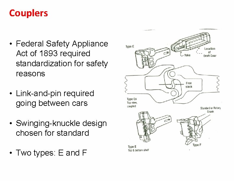 Couplers • Federal Safety Appliance Act of 1893 required standardization for safety reasons •