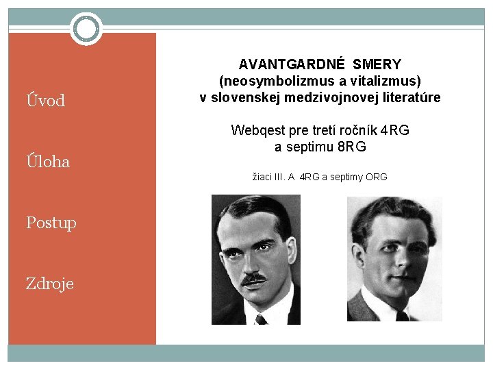 Úvod Úloha AVANTGARDNÉ SMERY (neosymbolizmus a vitalizmus) v slovenskej medzivojnovej literatúre Webqest pre tretí