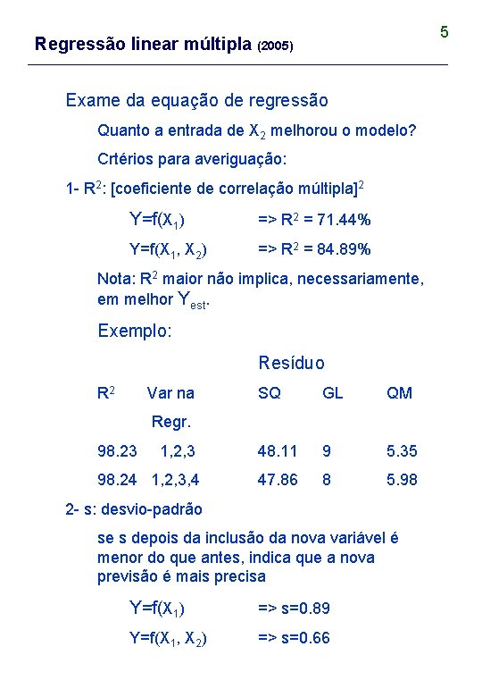 5 Regressão linear múltipla (2005) Exame da equação de regressão Quanto a entrada de