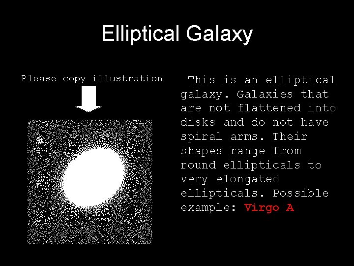 Elliptical Galaxy Please copy illustration This is an elliptical galaxy. Galaxies that are not Elliptical Galaxy Please copy illustration This is an elliptical galaxy. Galaxies that are not