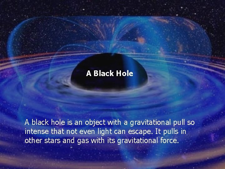 A Black Hole A black hole is an object with a gravitational pull so A Black Hole A black hole is an object with a gravitational pull so