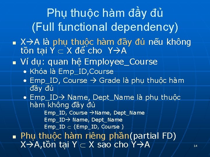Phụ thuộc hàm đầy đủ (Full functional dependency) n n X A là phụ Phụ thuộc hàm đầy đủ (Full functional dependency) n n X A là phụ
