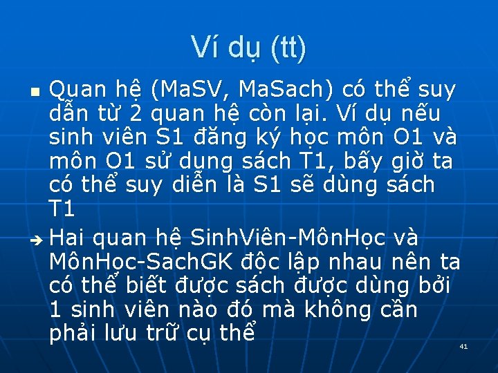 Ví dụ (tt) Quan hệ (Ma. SV, Ma. Sach) có thể suy dẫn từ Ví dụ (tt) Quan hệ (Ma. SV, Ma. Sach) có thể suy dẫn từ