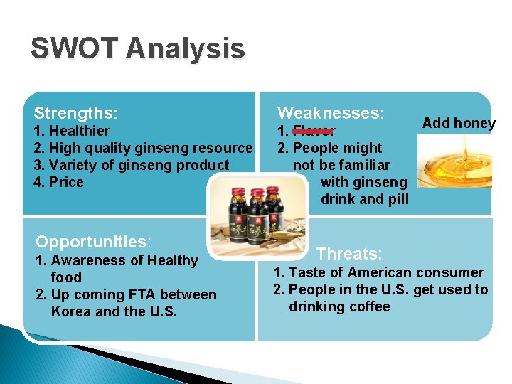SWOT Analysis Strengths: Weaknesses: 1. Healthier 2. High quality ginseng resource 3. Variety of