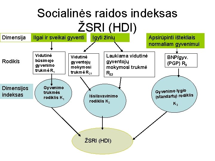 Socialinės raidos indeksas ŽSRI (HDI) Dimensija Rodikis Dimensijos indeksas Ilgai ir sveikai gyventi Vidutinė