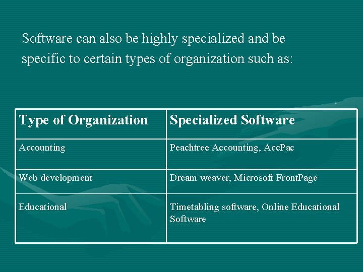 Software can also be highly specialized and be specific to certain types of organization