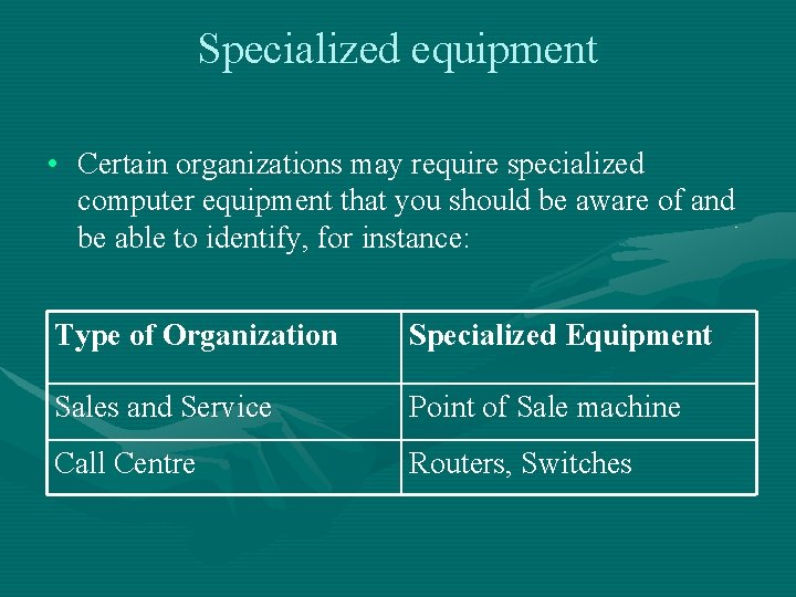 Specialized equipment • Certain organizations may require specialized computer equipment that you should be