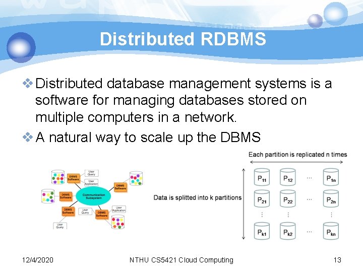 Distributed RDBMS v Distributed database management systems is a software for managing databases stored