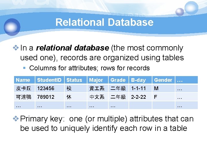 Relational Database v In a relational database (the most commonly used one), records are