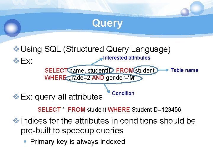 Query v Using SQL (Structured Query Language) Interested attributes v Ex: SELECT name, student.