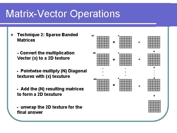 Matrix-Vector Operations l Technique 2: Sparse Banded Matrices - Convert the multiplication Vector (x)