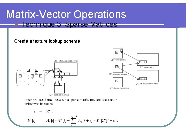 Matrix-Vector Operations l Technique 3: Sparse Matrices Create a texture lookup scheme 