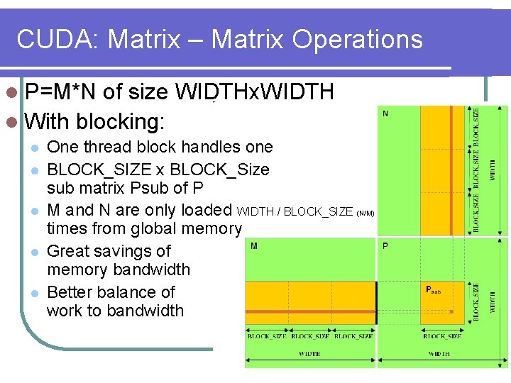 CUDA: Matrix – Matrix Operations l P=M*N of size WIDTHx. WIDTH l With blocking: