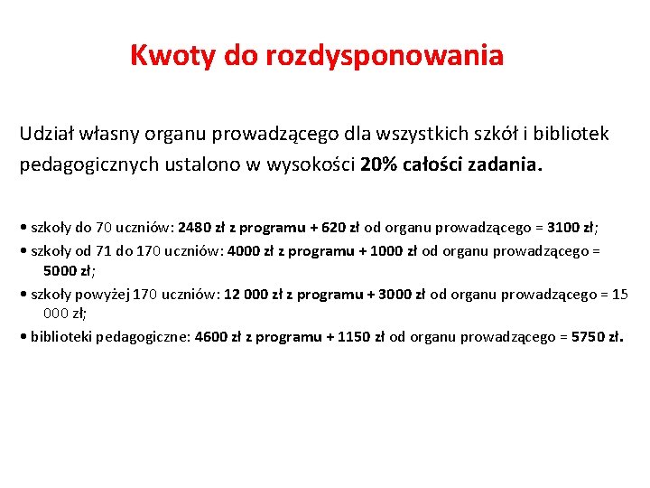 Kwoty do rozdysponowania Udział własny organu prowadzącego dla wszystkich szkół i bibliotek pedagogicznych ustalono