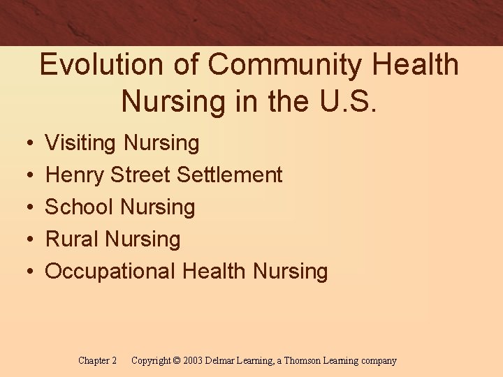 Evolution of Community Health Nursing in the U. S. • • • Visiting Nursing