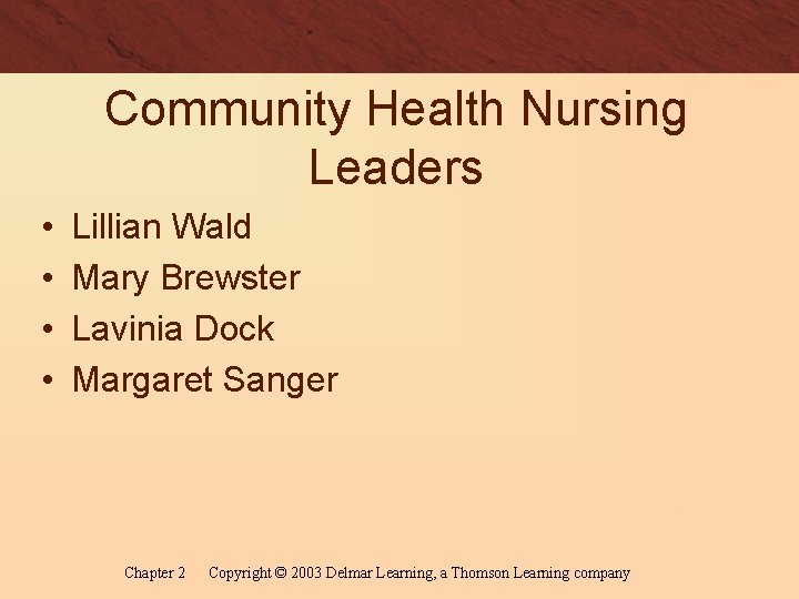 Community Health Nursing Leaders • • Lillian Wald Mary Brewster Lavinia Dock Margaret Sanger