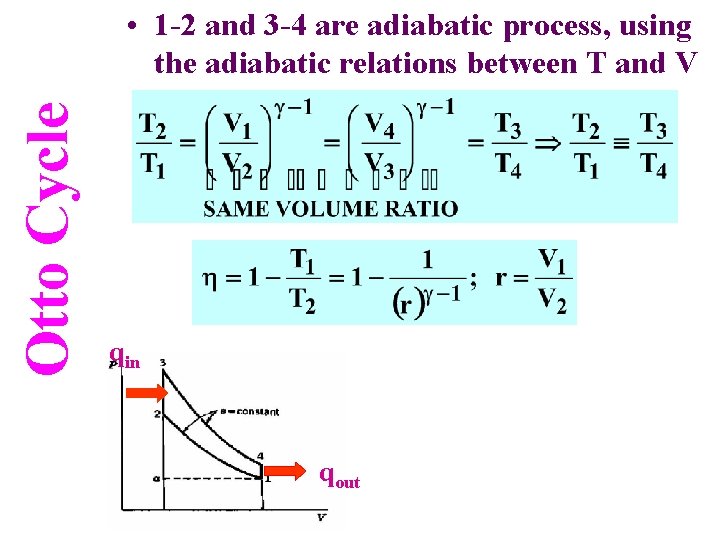 Otto Cycle • 1 -2 and 3 -4 are adiabatic process, using the adiabatic