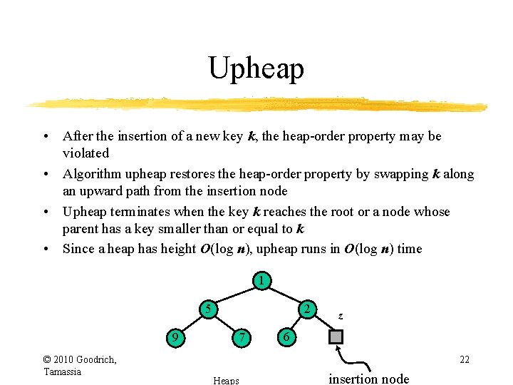 Upheap • After the insertion of a new key k, the heap-order property may