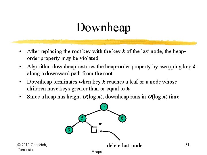 Downheap • After replacing the root key with the key k of the last