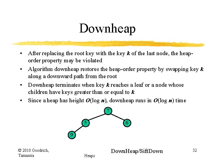 Downheap • After replacing the root key with the key k of the last