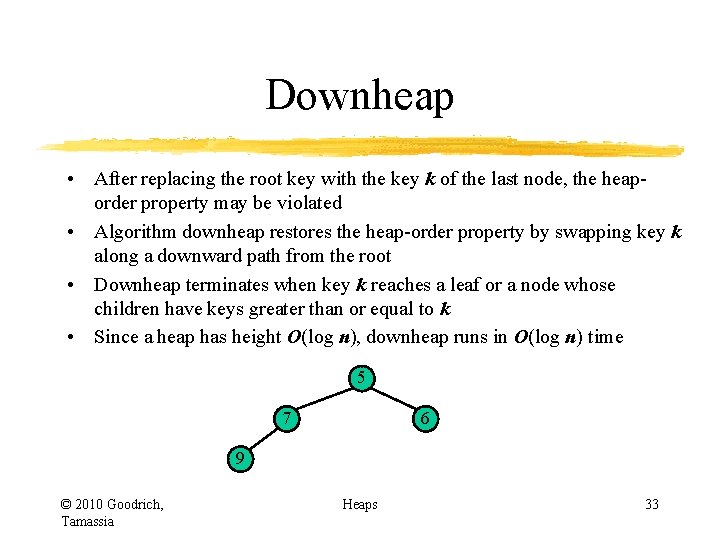 Downheap • After replacing the root key with the key k of the last