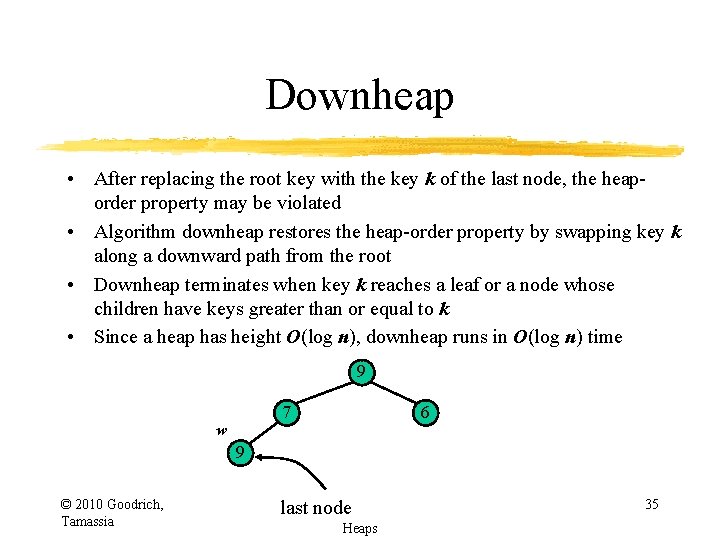 Downheap • After replacing the root key with the key k of the last