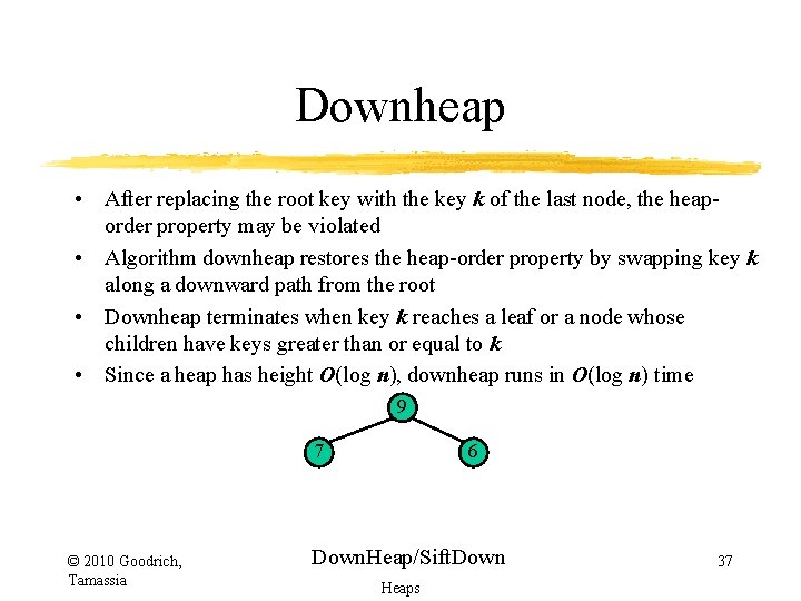 Downheap • After replacing the root key with the key k of the last