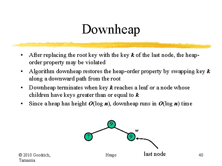 Downheap • After replacing the root key with the key k of the last