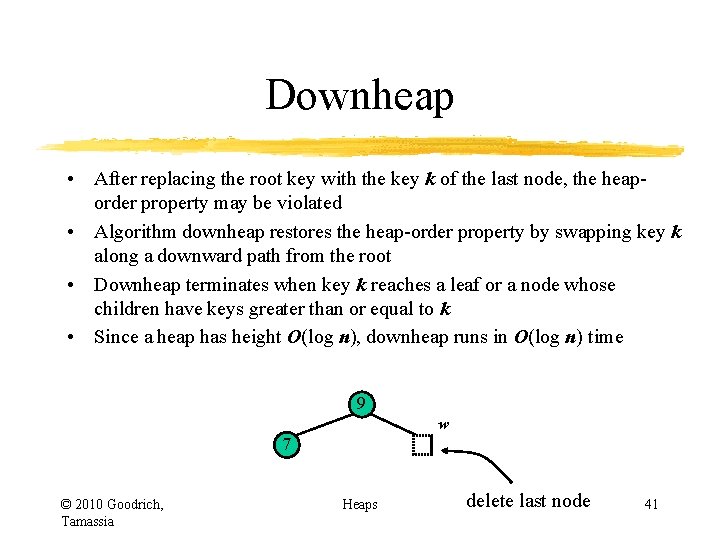 Downheap • After replacing the root key with the key k of the last