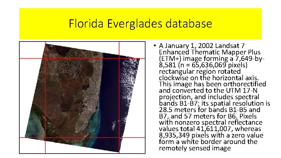 Florida Everglades database • A January 1, 2002 Landsat 7 Enhanced Thematic Mapper Plus