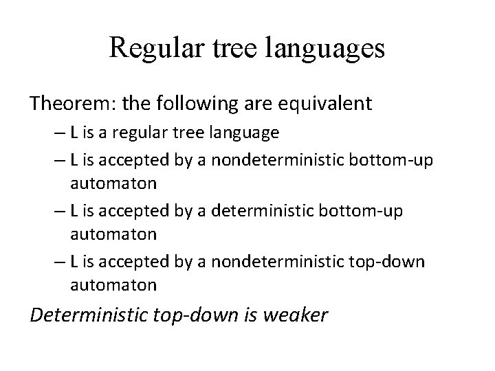 Regular tree languages Theorem: the following are equivalent – L is a regular tree