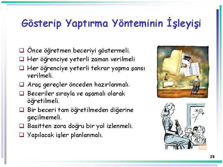 Gösterip Yaptırma Yönteminin İşleyişi q Önce öğretmen beceriyi göstermeli. q Her öğrenciye yeterli zaman