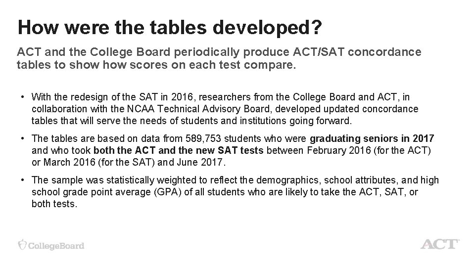How were the tables developed? ACT and the College Board periodically produce ACT/SAT concordance
