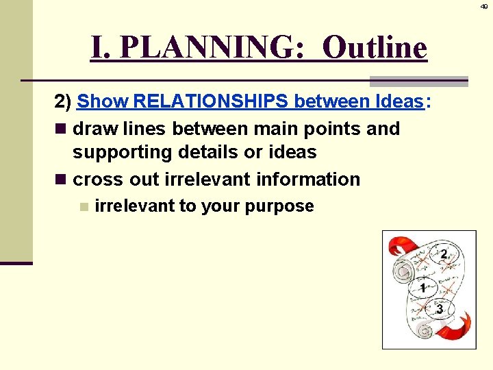 49 I. PLANNING: Outline 2) Show RELATIONSHIPS between Ideas: n draw lines between main