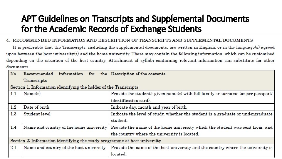 APT Guidelines on Transcripts and Supplemental Documents for the Academic Records of Exchange Students