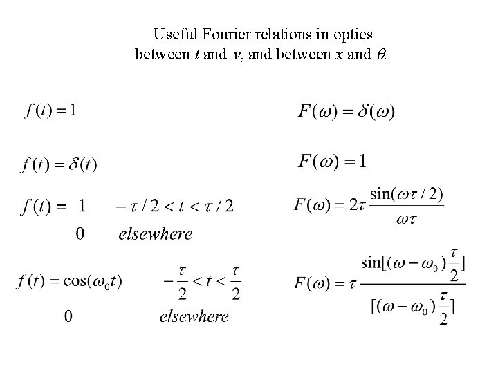 Useful Fourier relations in optics between t and , and between x and .