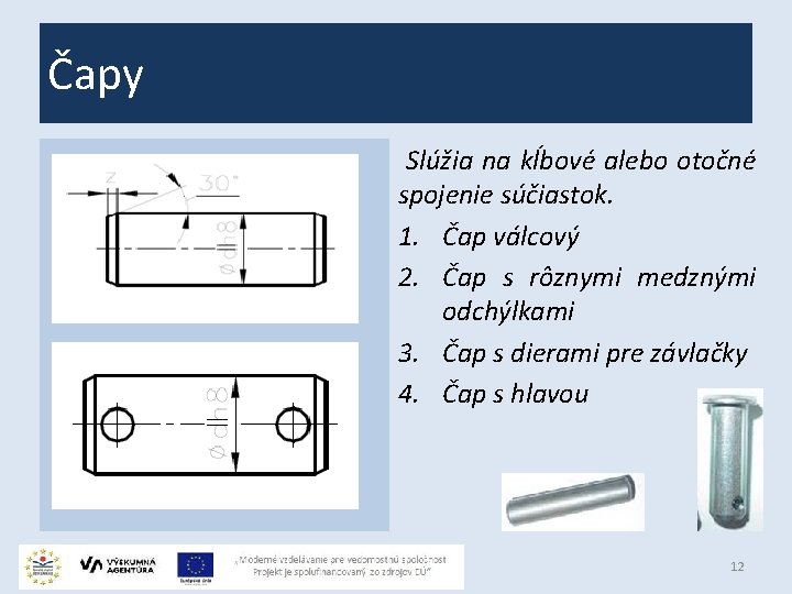 Čapy Slúžia na kĺbové alebo otočné spojenie súčiastok. 1. Čap válcový 2. Čap s