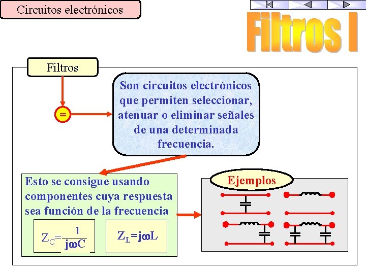 Circuitos electrónicos Filtros = Son circuitos electrónicos que permiten seleccionar, atenuar o eliminar señales