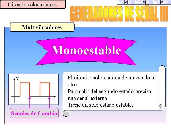 Circuitos electrónicos Multivibradores Monoestable V t Señales de Cambio El circuito sólo cambia de