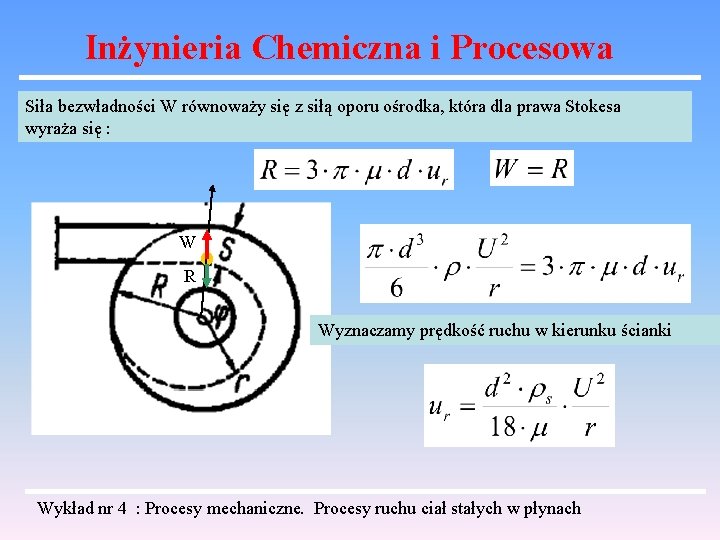 Inżynieria Chemiczna i Procesowa Siła bezwładności W równoważy się z siłą oporu ośrodka, która