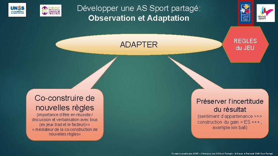 Développer une AS Sport partagé: Observation et Adaptation ADAPTER Co-construire de nouvelles règles (importance