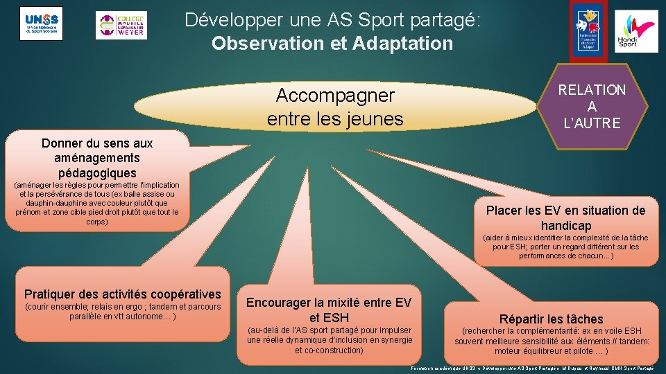 Développer une AS Sport partagé: Observation et Adaptation RELATION A L’AUTRE Accompagner entre les